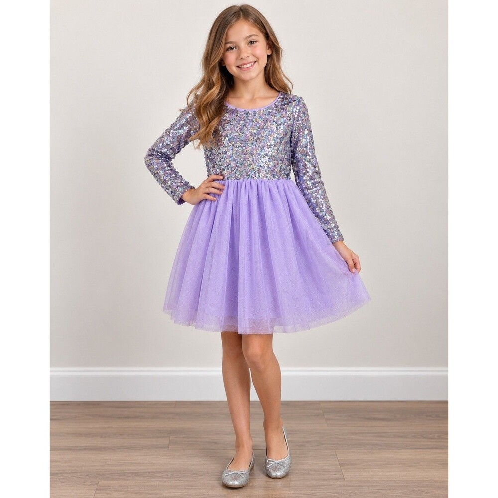 Cat & Jack Girls Size L 10/12 Purple Sequin Tulle Fit & Flare Dress Party